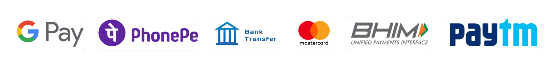 Payment options including Google Pay, PhonePe, Bank Transfer, Mastercard, BHIM UPI, and Paytm logos.