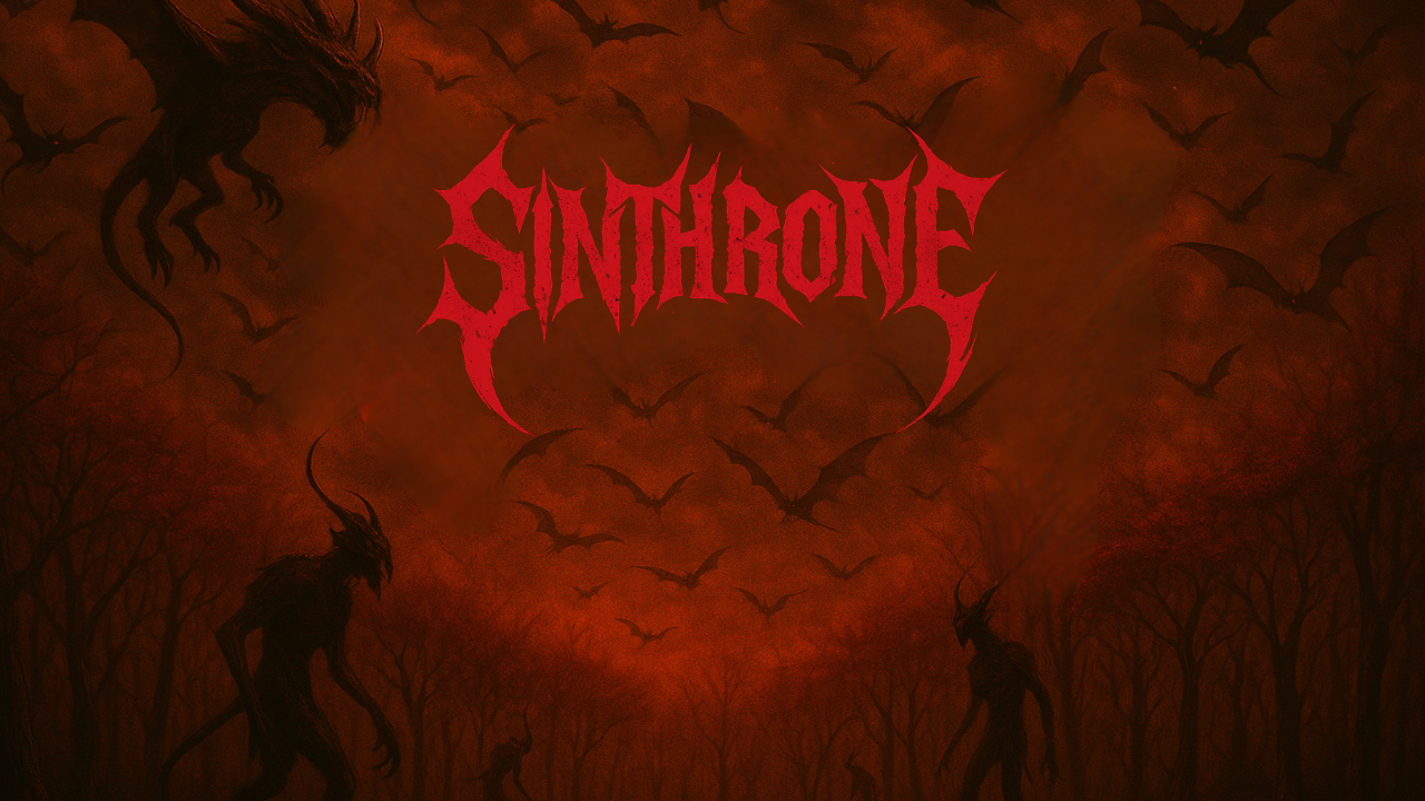 Sinthrone logo with bats flying over a dark forest and demonic silhouettes in a fiery red night sky