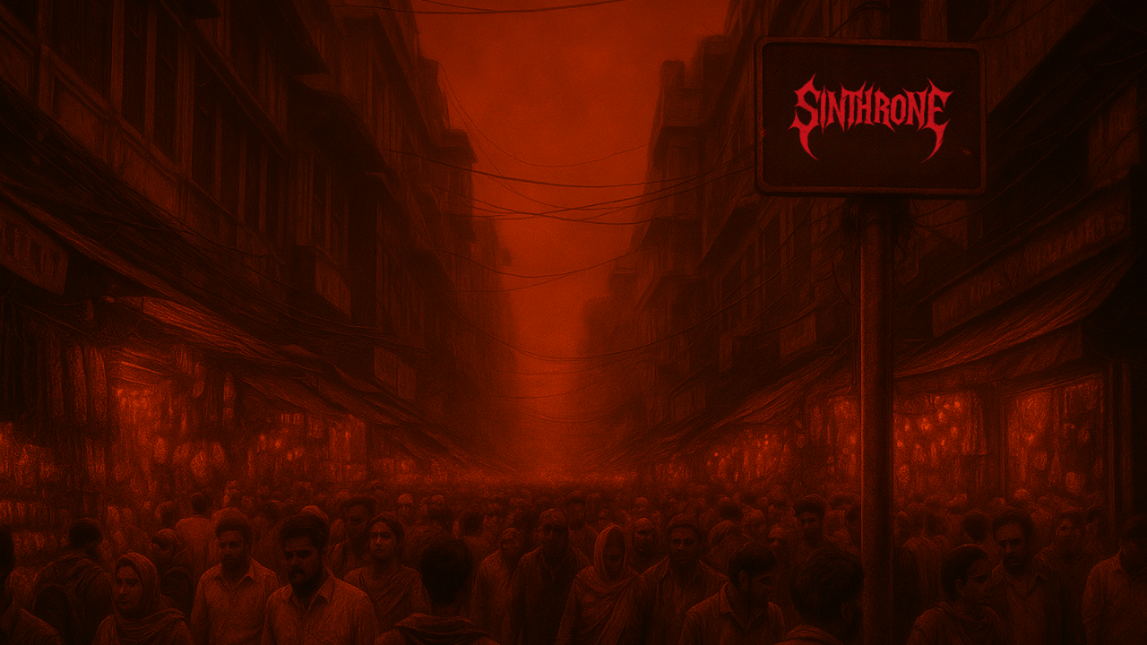 Crowded urban Indian street with dark red tones and a glowing Sinthrone street sign above