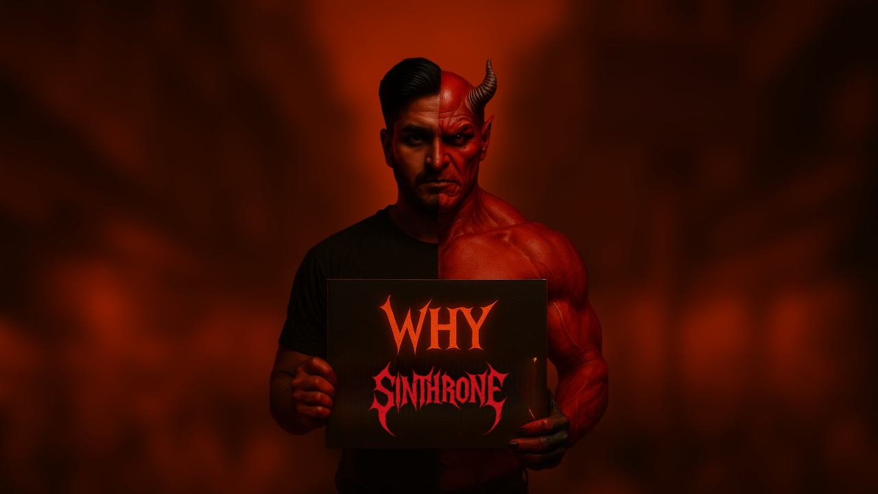 man half-human, half-devil holding a sign that says "why sinthron" with a fiery red background